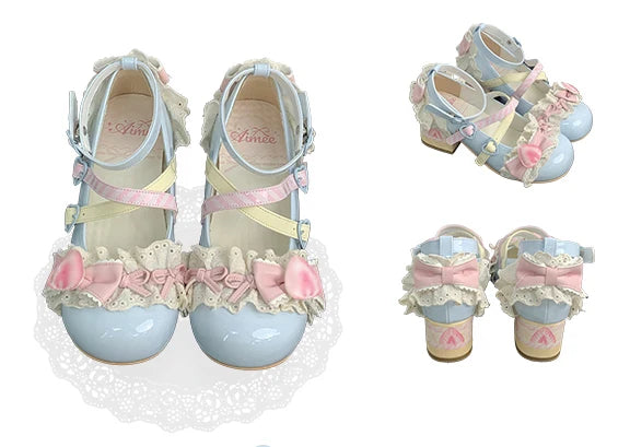 Sweet Girls Lolita High Heels Shoes ,Young Women Students Cute Lace Strawberry Bowknots Ankle Strap Mary Janes