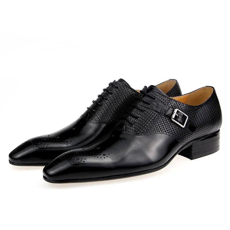 Mens Formal Genuine Leather Shoes Fashion Zapato Social Male Wedding Dress Loafer Weave Printing Lace-up Daily Brogue Shoes