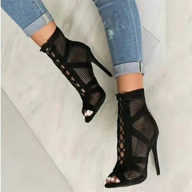 Sexy High Heels Hollow Women's Sandals Cross-tied Peep Toe Casual  Women Shoes Ankle Strap Dance Shoes Black Net Female Pumps