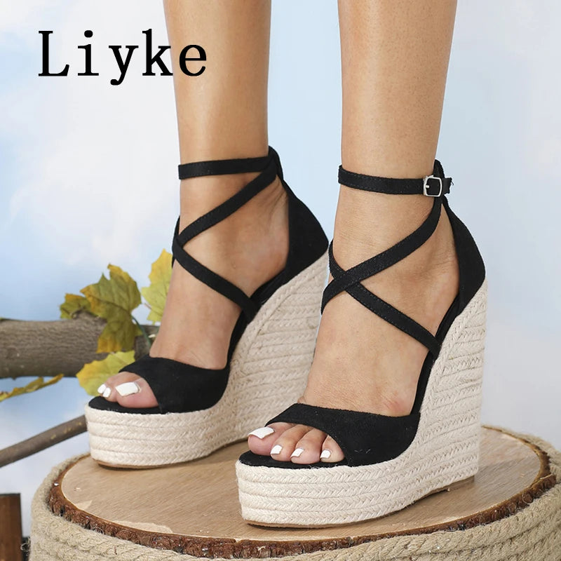 Liyke Size 35-42 Platform Wedge Sandals Sexy Fashion Thick Bottom Open Toe Buckle Strap Black High Heels Woman Shoes Summer 2026