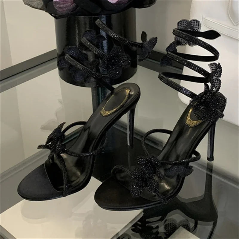 Aneikeh Street Style CRYSTAL Narrow Band Thin High Heels Women Sandals 2026 Summer Open Toe Ankle Strap Female Shoes