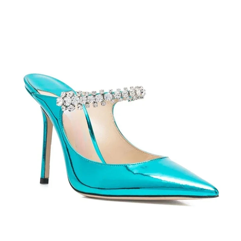 2026 New Fashionable Fine Heeled Muller Shoes with Pointed Water Diamond Chain Banquet Shallow Mouth Women's High Heel Sandals
