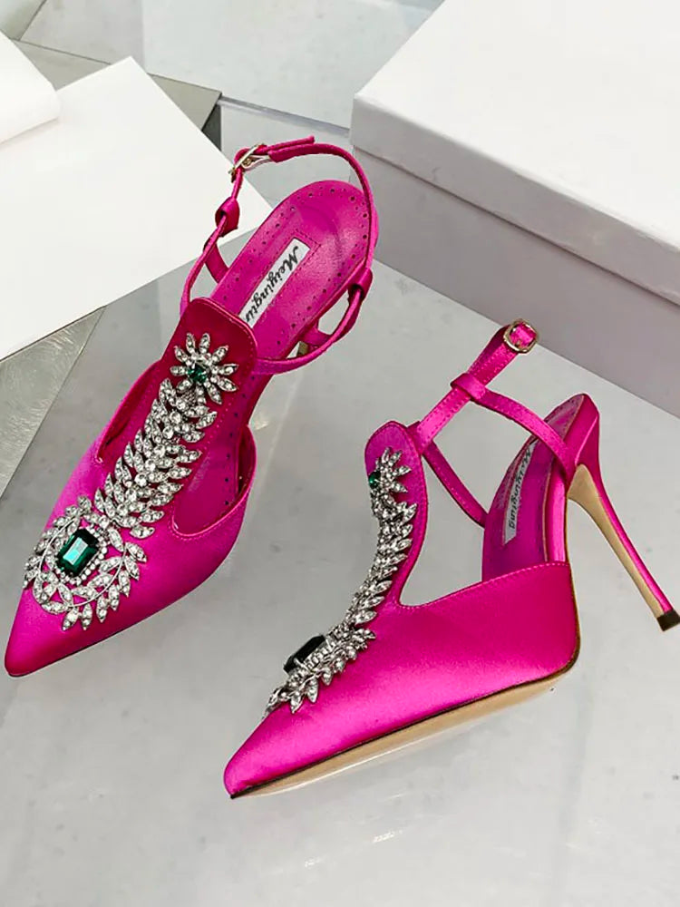 Ladies Wedding Shoes Rhinestone Pointed Toe High Heels Satin Gemstone Stiletto Sandals 2022 New Baotou Fairy Pump Wedding Shoes