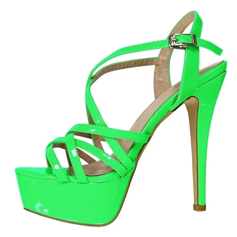 Women Sandals 14CM Super Sexy Platform High Heels Ankle Strap Sandals Open Toe Sanke Gladiator Party Dress Red Wedding Shoes