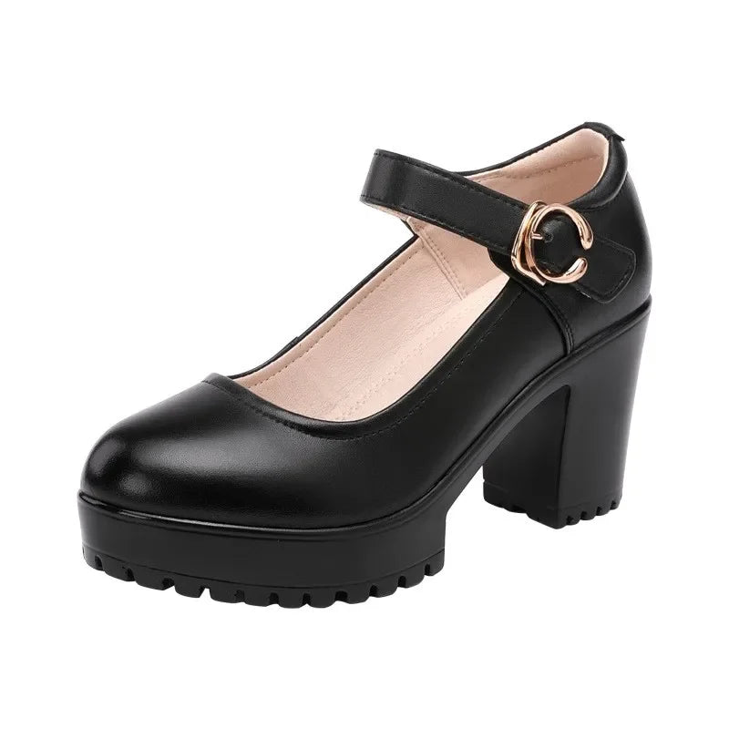 6 8 10cm Small Size 32-43 Shallow Thick Bottom Genuine Leather Shoes Platform Pumps 2026 Block High Heels Shoes Office Model