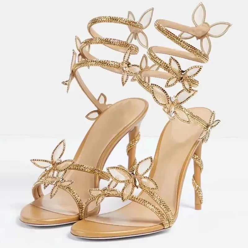 Eilyken Sexy Crystal Butterfly-knot Ankle Strap Sandals Woman Fashion Open Toe Stiletto High Heels Banquet Party Pumps Shoes