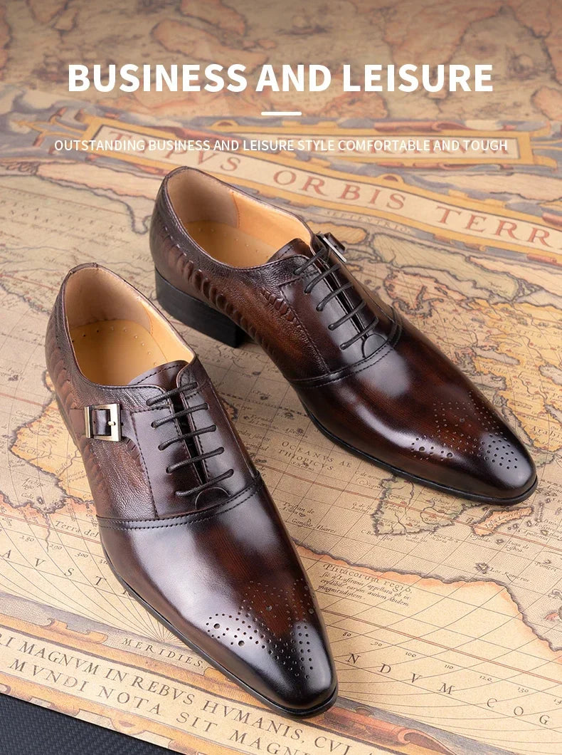 Male Genuine Leather Social Shoe Oxford Elegant Man Dress Shoes Hand Lace-up Pointed Party Wedding Shoes Black Coffee Shoes