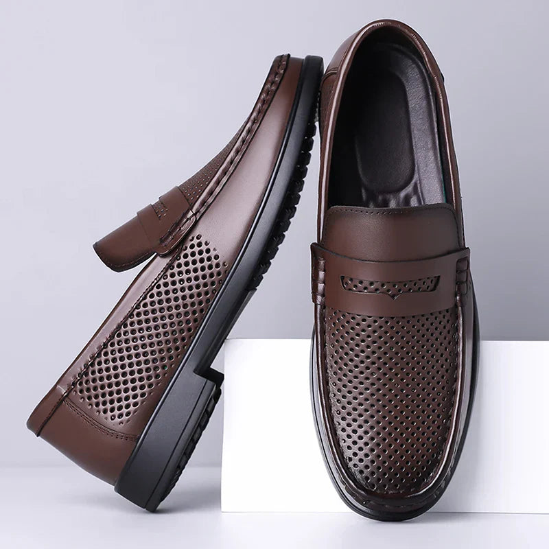 2026 Summer Mens Leather Loafers Slip on Casual Shoes Breathable Moccasins Comfortable Walking Office Flats Male Walking Shoes