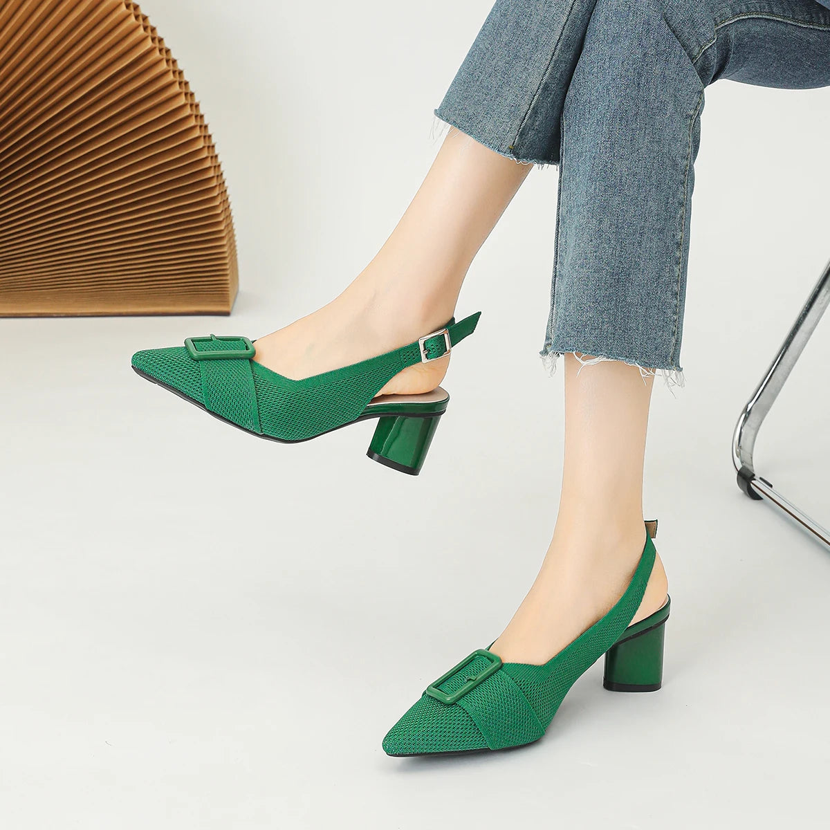 2025 New Women's High Heel Sandals with Pointed Knitted Fashion, Breathable, Non slip, and Colorful Blocks