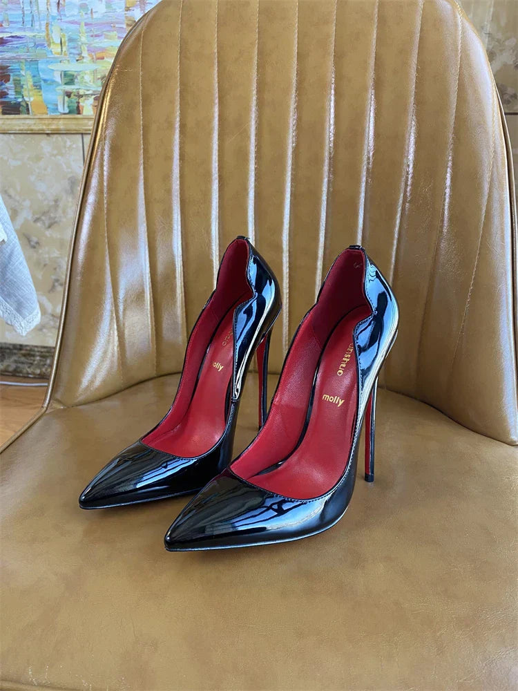 Spring and Autumn New Lacquer Wave V-neck High Heels 12cm Fashionable and Sexy Commuting Single Shoes