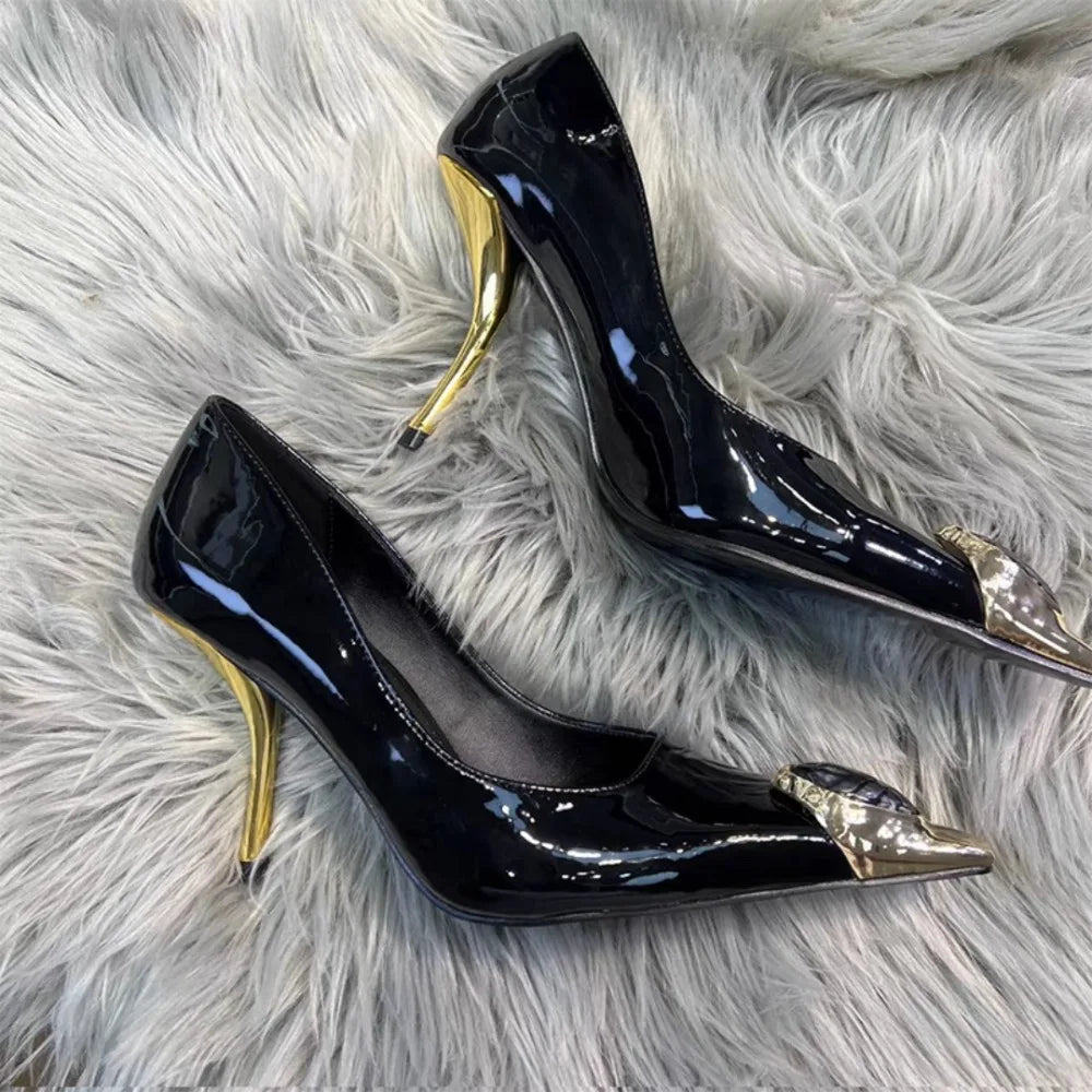Designer Sexy Ladies' Elegant Retro Pointed-toe Shallow Mouth Gemstone High-heeled Metal Patent Leather One-strap Heel Sandals
