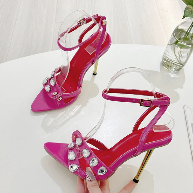 Liyke Summer Fashion Gem Rivet Narrow Band Women's Metal Thih High Heels Sandals Sexy Pointed Open Toe Party Dress Shoes Size 41
