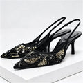 Fashion Mesh String Bead Embellished Design Heels Women Elegant Pointed Toe Back Strap Slide Sandals Black Party Dress Shoes