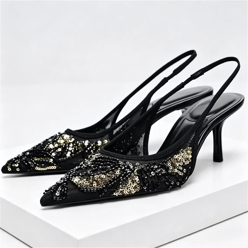 Fashion Mesh String Bead Embellished Design Heels Women Elegant Pointed Toe Back Strap Slide Sandals Black Party Dress Shoes