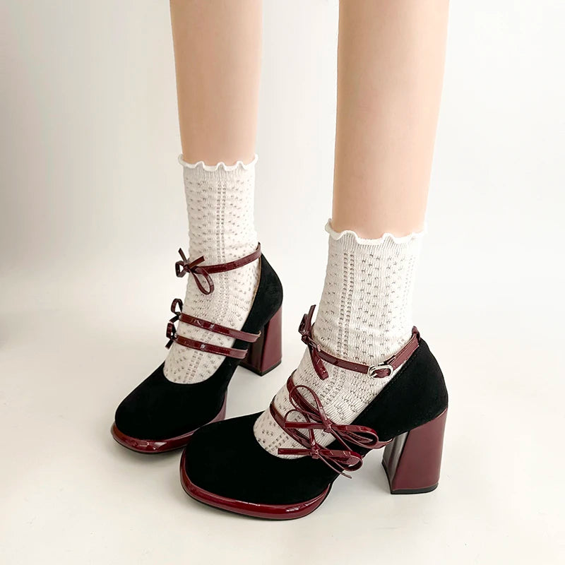 Designer New Spring Thick Heel Women Mary Jane Shoes Butterfly-knot Buckle Strap Shoes Ladies Elegant Party Dress Pumps