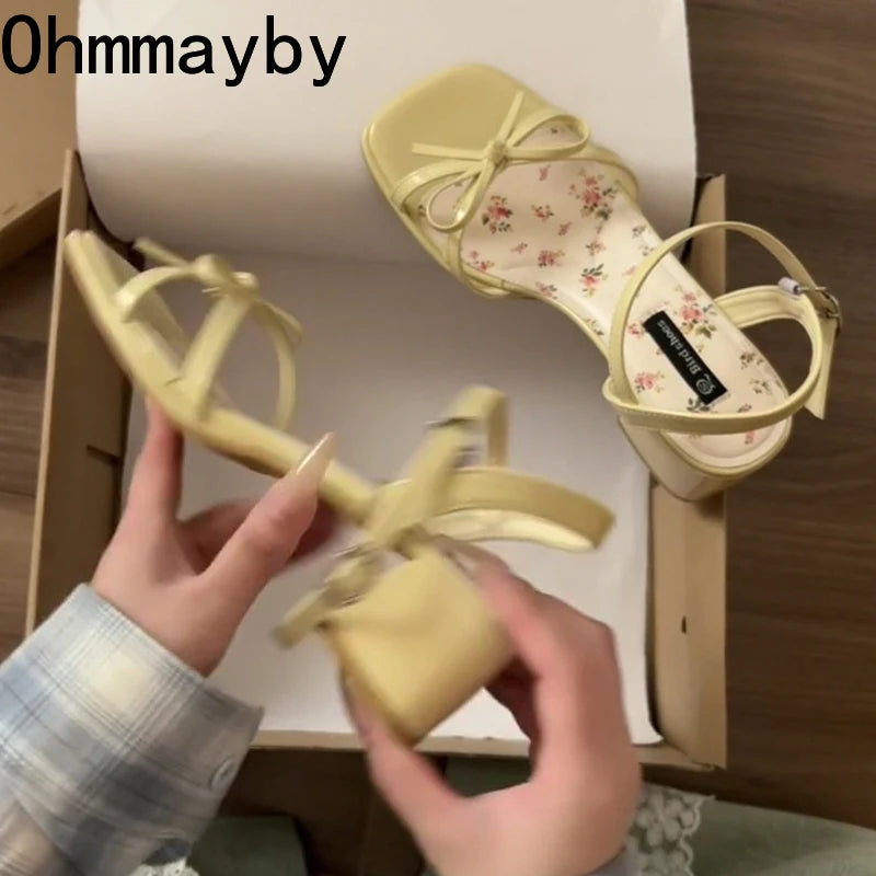 New Summer Butterfly-knot Thick Heel Women Sandals Fashion Floral Ankle Strap Shoes Ladies Outdoor Dress Gladiator Sandalias