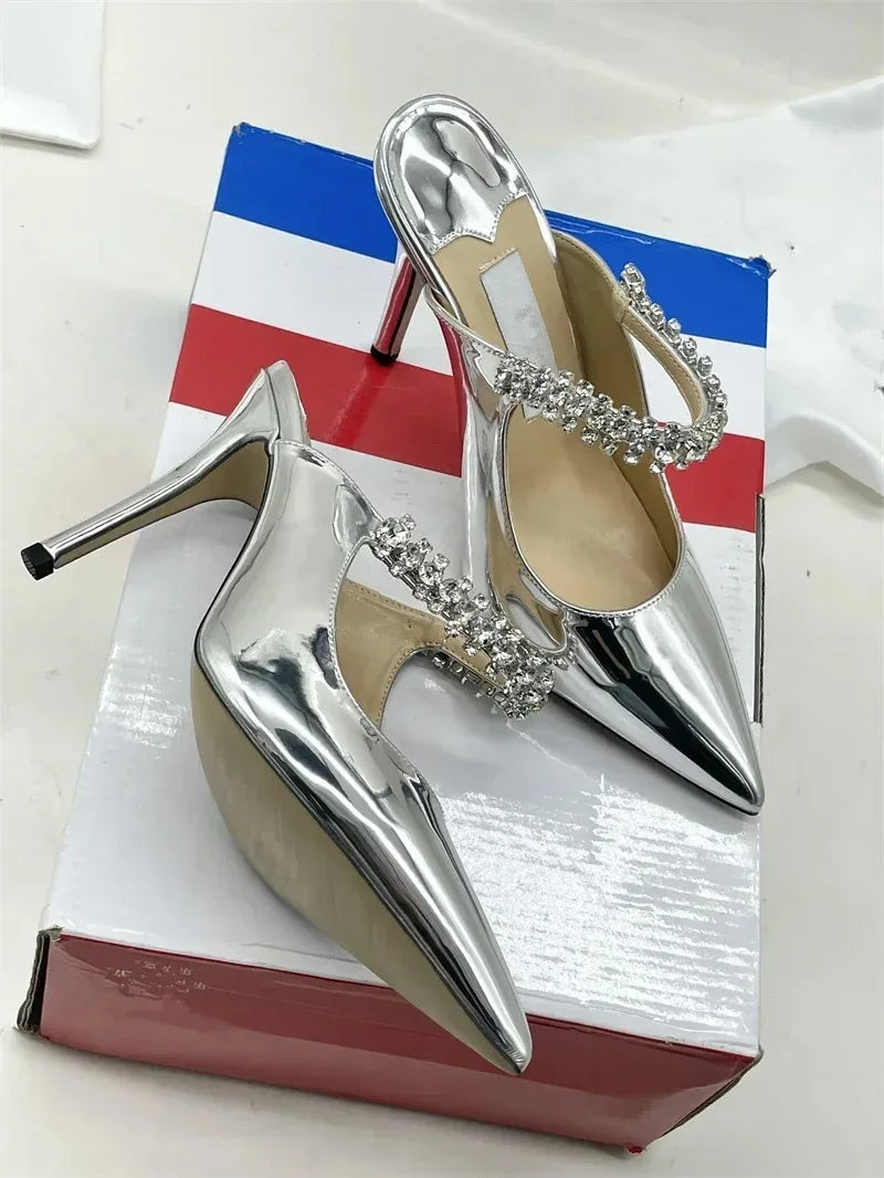 2025 Summer New Pointed High Heels Women's Muller Shoes Transparent Water Diamond Sexy Fashion Thin Heel Women's Sandals