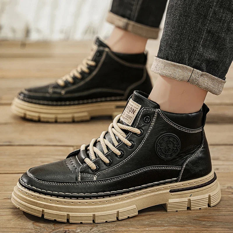 Men's High Top Leather Shoes Work Yellow Boots Thick Bottom Casual Boots Fashion Outdoor Hiking Shoes Mens Boots