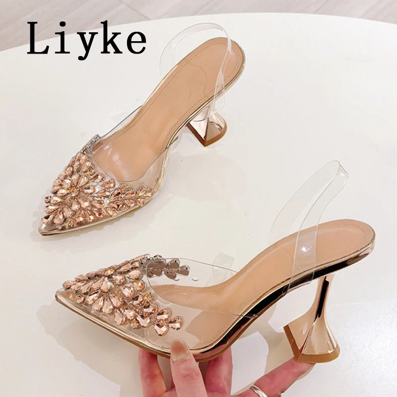 Liyke 2026 New Gold Silver Diamond Rivet Pointed Toe Slingback Sandal Women Pumps Sexy Clear High Heels Wedding Party Prom Shoes