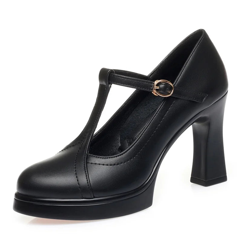 One-Line Button Single Shoes Women Summer New Thick Heel Model Catwalk Shoes Commuting Waterproof Platform Leather Shoes Black