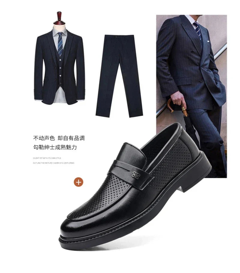 Mens Black Penny Loafers With Perforated Detail Slip On Comfortable Breathable Dress Shoes For Business Office And Summer Wear