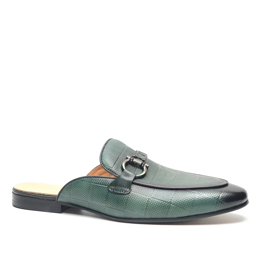 Men's Buckle Mule Slip on Backless Loafer Slides Classic Dressy Flat Sandals Checkerboard Genuine Leather Closed Toe Half Shoes