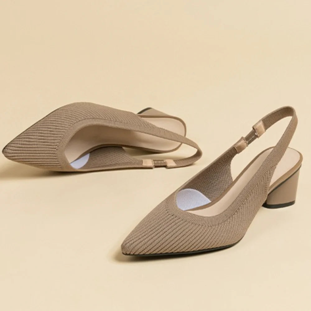 Sandals for Women Heels Knitted Rear Empty Strap Fashion Sandals Pointed Head Shallow Mouth Side Empty Daily Thick Heel Sandals