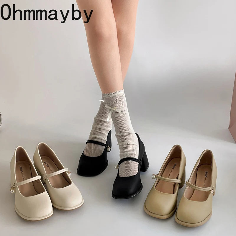 Thick Heel Women Mary Jane Shoes Fashion Shallow Square Toe Slip On Shoes Ladies Outdoor Party Dress Pumps