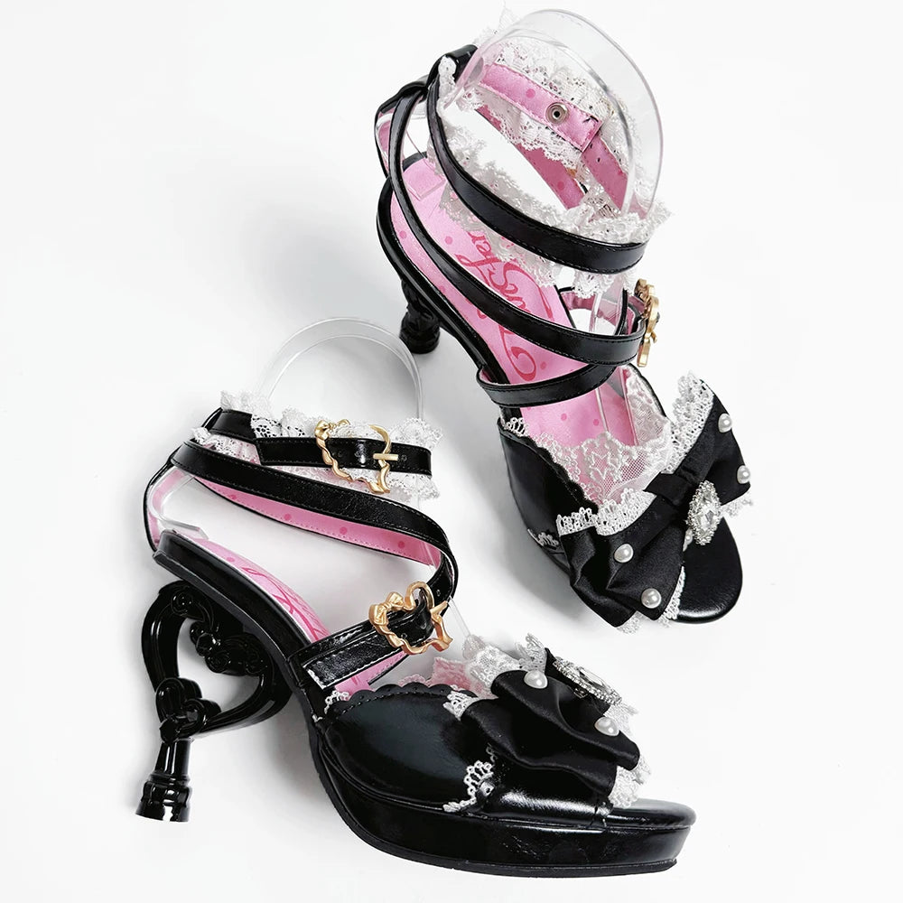 Sweet Cute Fashion Round Head Princess Lolita Shoes Women Summer New Kawaii Bow Lace Stitching Pink High Heels Girl Sandals