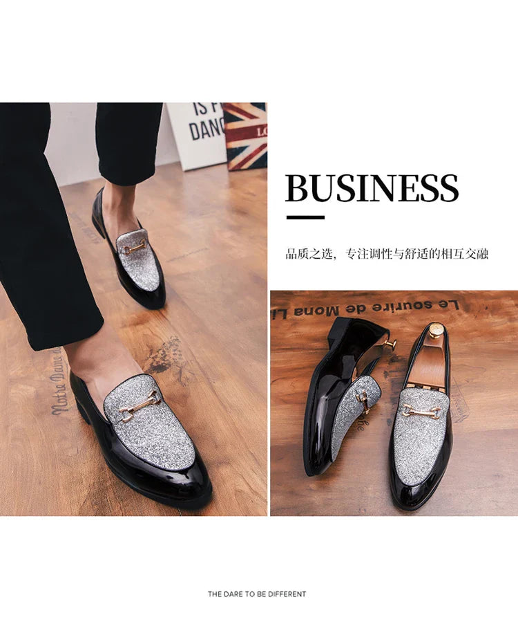 VIPOL Men's pointed suede formal shoes, retro new patchwork loafers mixed with slipper shoes, wedding dress leather shoes