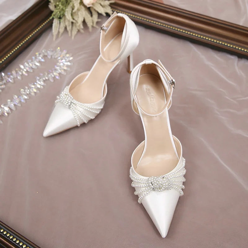 2026 New String Bead Pumps Pointed Thin Heels White Wedding Shoes Bridesmaid High Heels Sexy Satin Single Shoes