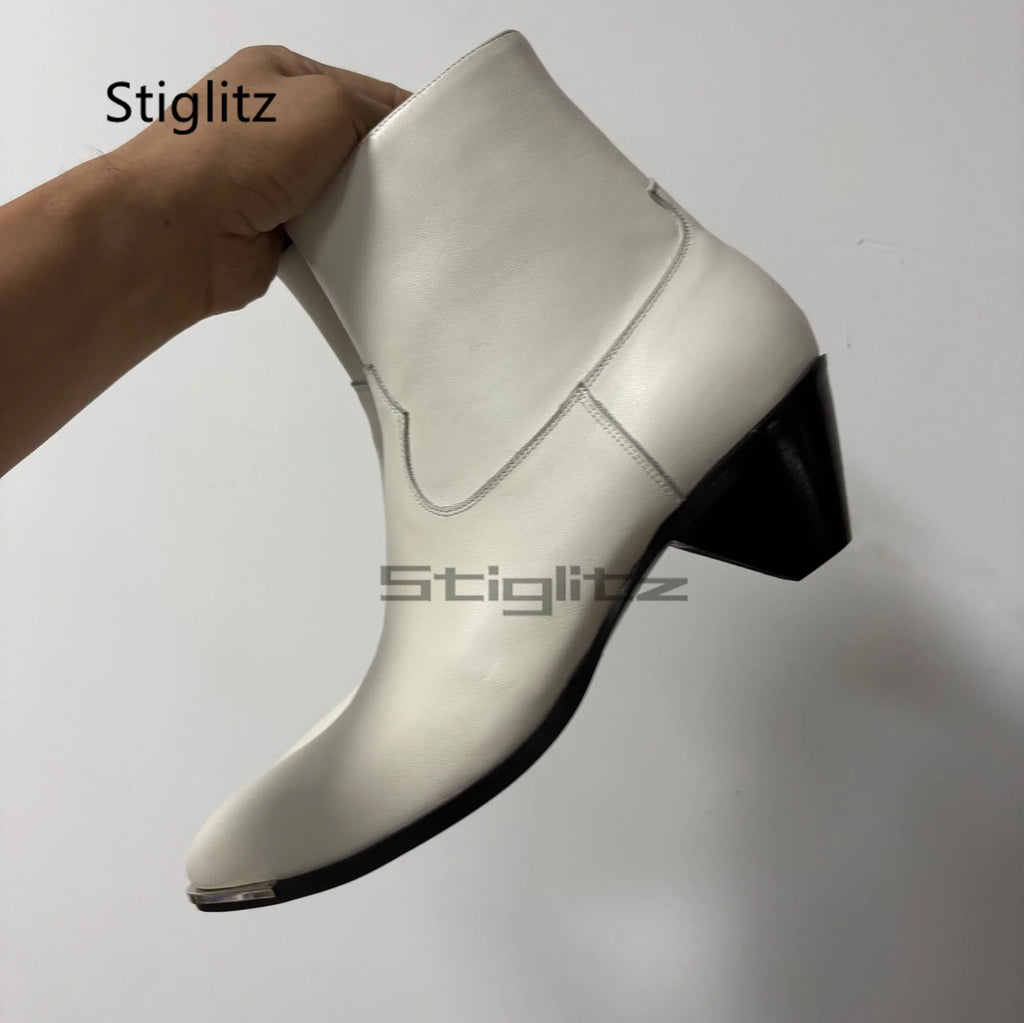 5Cm High Heels Chelsea Boots for Men Pointed Toe Side Zip Retro Western Boots Metal Decor Black Leather Ankle Boots Male Shoes