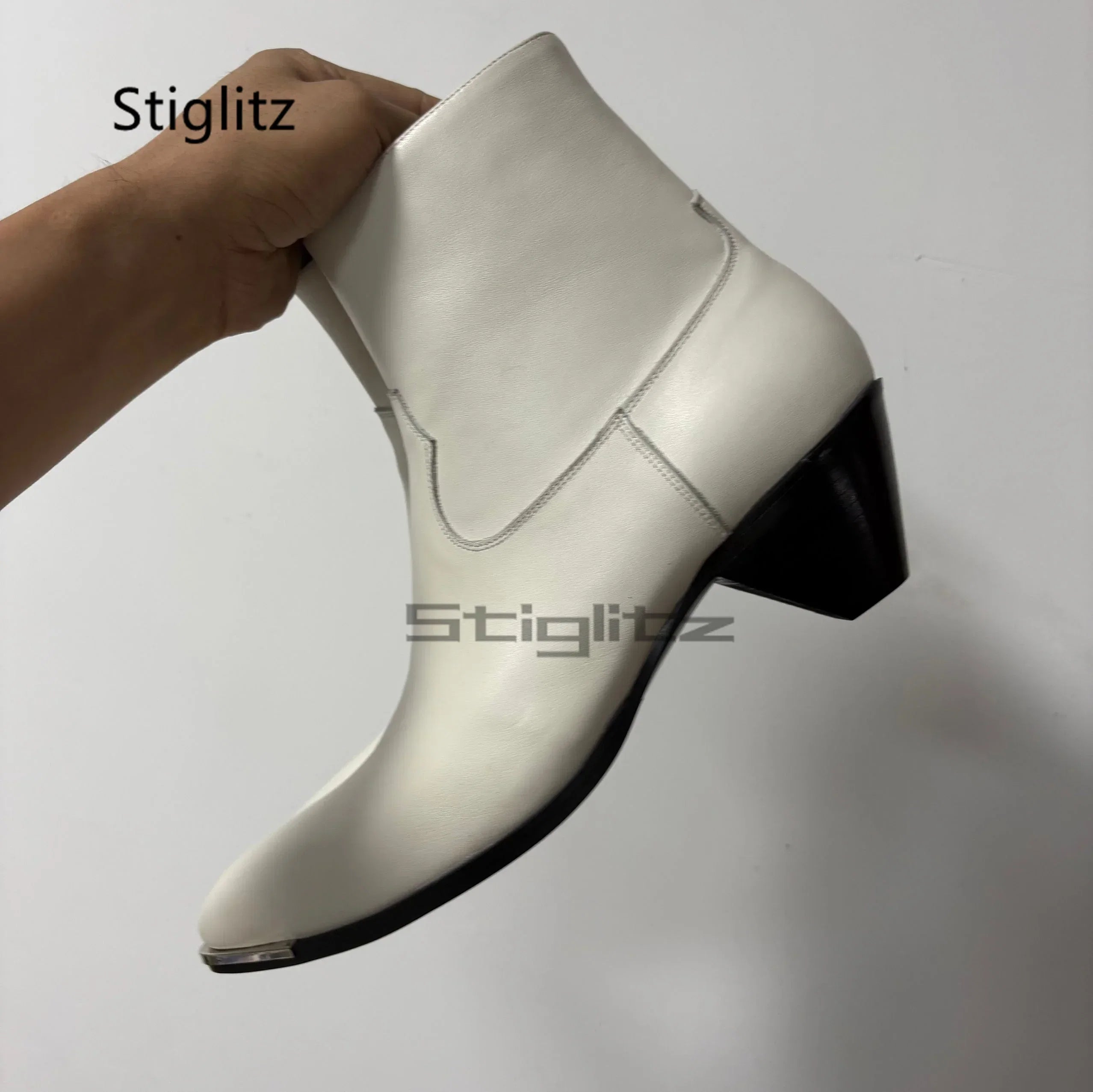 5Cm High Heels Chelsea Boots for Men Pointed Toe Side Zip Retro Western Boots Metal Decor Black Leather Ankle Boots Male Shoes