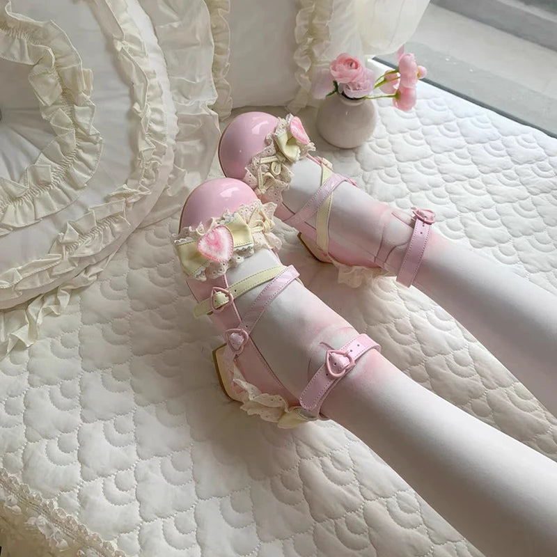 Sweet Girls Lolita High Heels Shoes ,Young Women Students Cute Lace Strawberry Bowknots Ankle Strap Mary Janes