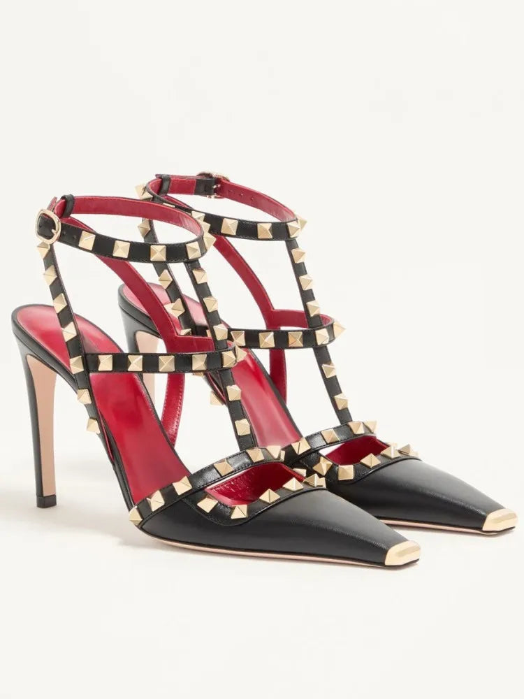 2026 Women's Rivet Low Heel Square Head Stiletto Sandals Fashion Show Party Summer Women's High Heel Sandals