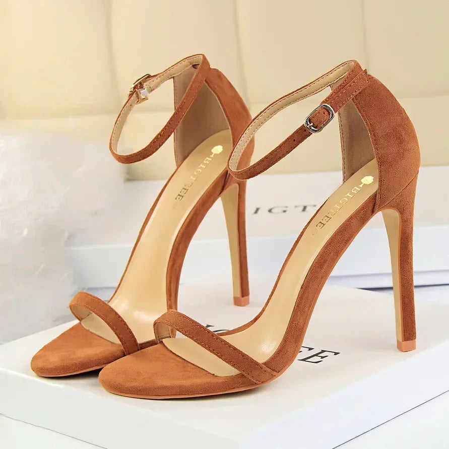 Women Gladiator Stiletto Classic Ankle Strap Holiday Beach Sandals Lady Fashion Suede 8cm 11cm High Heels Sexy Red Brown Sandles