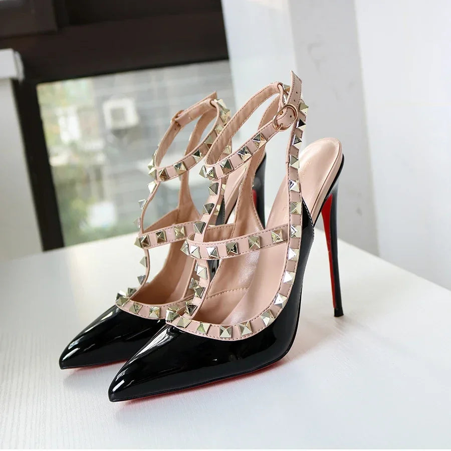 Roman style studded pointed high-heeled sandals with slim heel and sexy size 12cm white patent leather 33-46