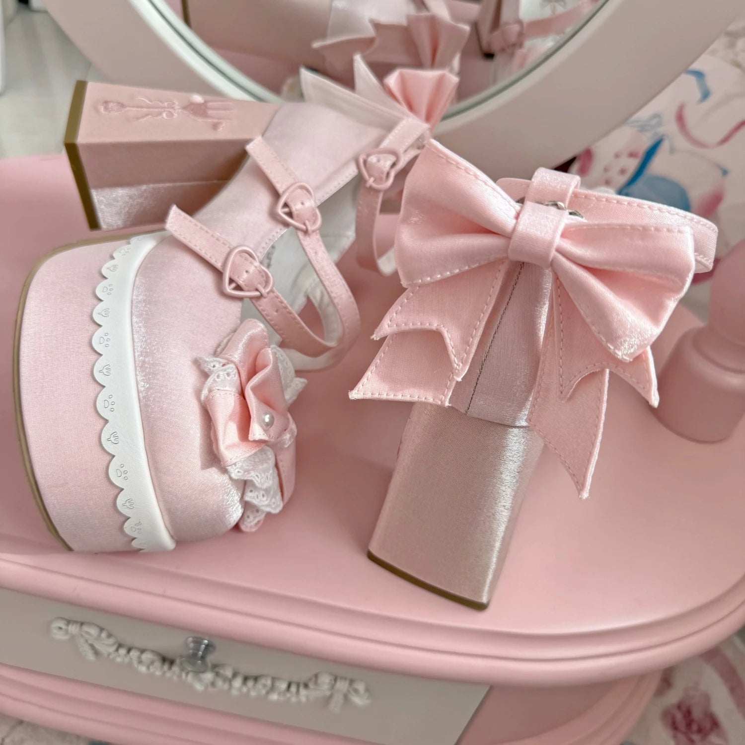 Lovely Girls Lolita High Heels Platform Shoes ,Young Women Students Sweet Pearl Lace Bowknots Embroidery Ankle Strap Mary Janes