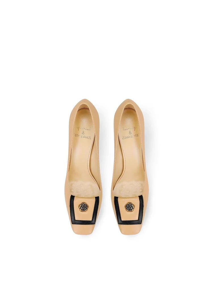 Spring new square toe shallow metal rose square heel shoes banquet dress large size small size thick high heeled women's shoes