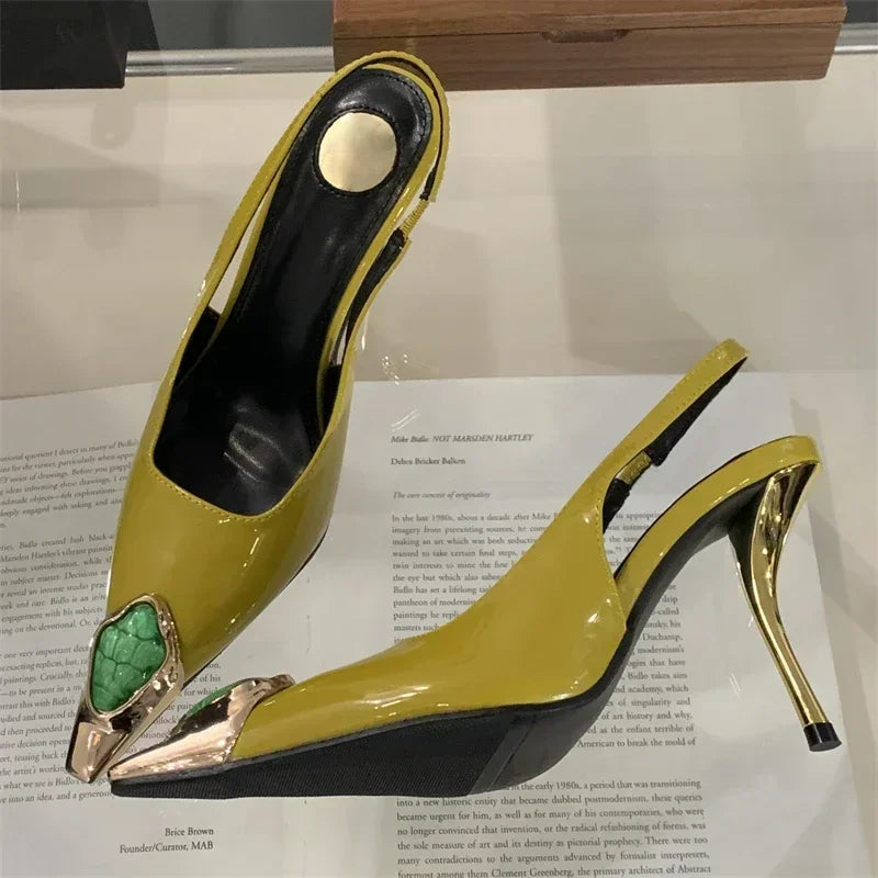 Aneikeh Street Style Design Metal Square Head Diamonds Woman Pumps Sandals Elegant Sexy Low-heel Banquet Prom Slingbacks Shoes