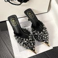 Luxury Rhinestones Pointed Toe Mules Pumps Women Slippers Summer New Fashion Slides Designer High Heeled Sandals Female Tacones