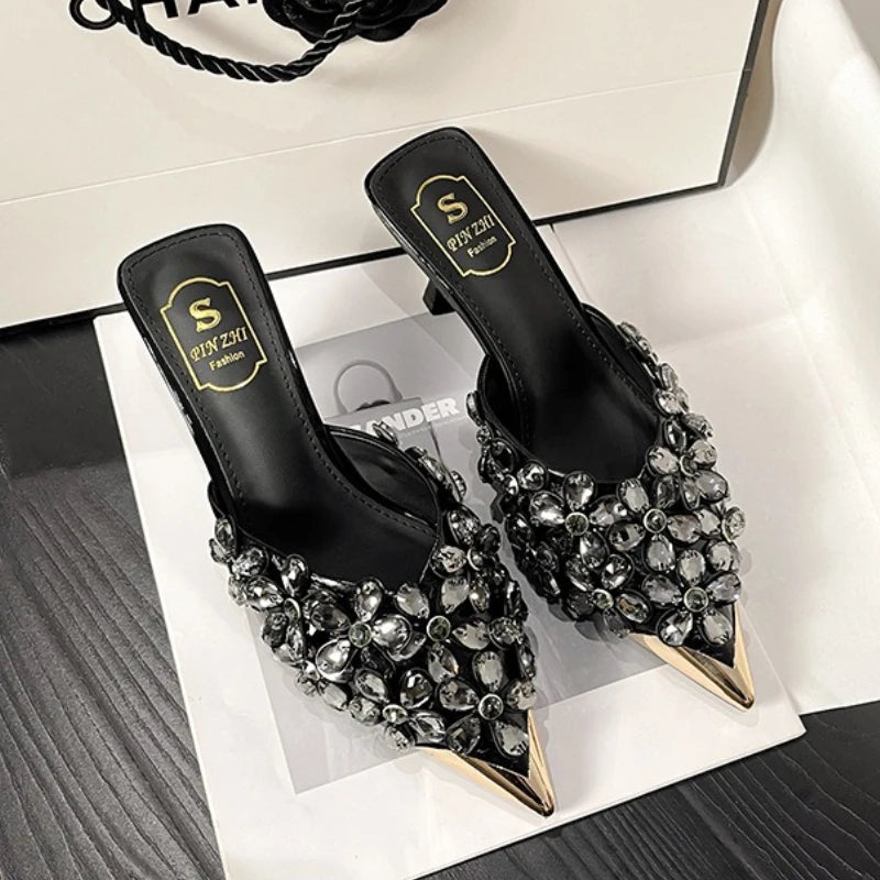 Luxury Rhinestones Pointed Toe Mules Pumps Women Slippers Summer New Fashion Slides Designer High Heeled Sandals Female Tacones
