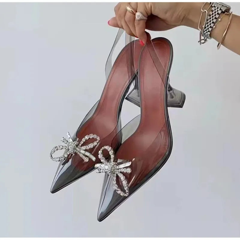 35-45 Fashion Transparent Soft PVC Women Pumps Luxury Rhinestones Bowknot Slingback High heels Spring Summer Wedding Party Shoes