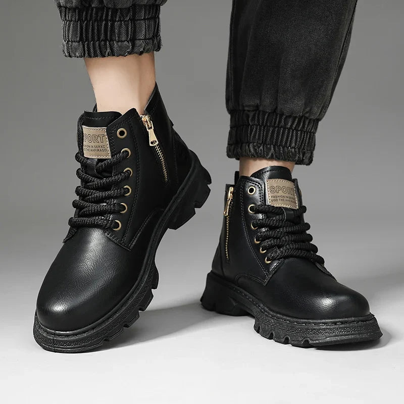 New MEN'S BOOTS with Retro Style Leather Boots, Thick Soles, Wear-resistant MEN'S High Top Casual Shoes, Side Zippers