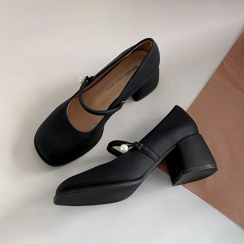 Thick Heel Women Mary Jane Shoes Fashion Shallow Square Toe Slip On Shoes Ladies Outdoor Party Dress Pumps