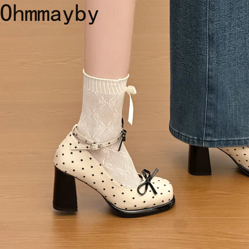 Platform Thick Heel Women Mary Jane Shoes Concise Ankle Strap Shoes 2026 Spring Women's Elegant Party Dress Leather Pumps