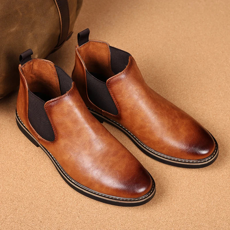 YRZL 39~47 Men Chelsea Boots Brand Retro Comfortable PU Leather Ankle Boots Men 2025 Fashion Black Brown Mens Boots