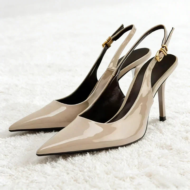 Sexy Black Pointed Toe Patent Leather Pumps Women Luxury Metal Ankle Strap Buckle Brand Designer Shoes Cozy Commuter Office Shoe