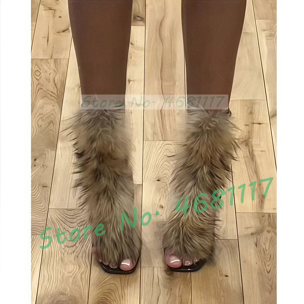 Brown Real Fur Stiletto Sandals Women Fashion Sexy Black Patent Leather High Heels Party Sexy Multi Buckle Strap Furry Shoes