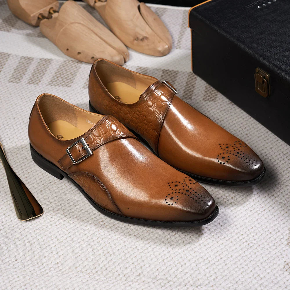 Luxury Men's Genuine Leather Monk Strap Shoes Cowhide Business Office Formal Dress Shoes with Buckle Italian Style for Weddings
